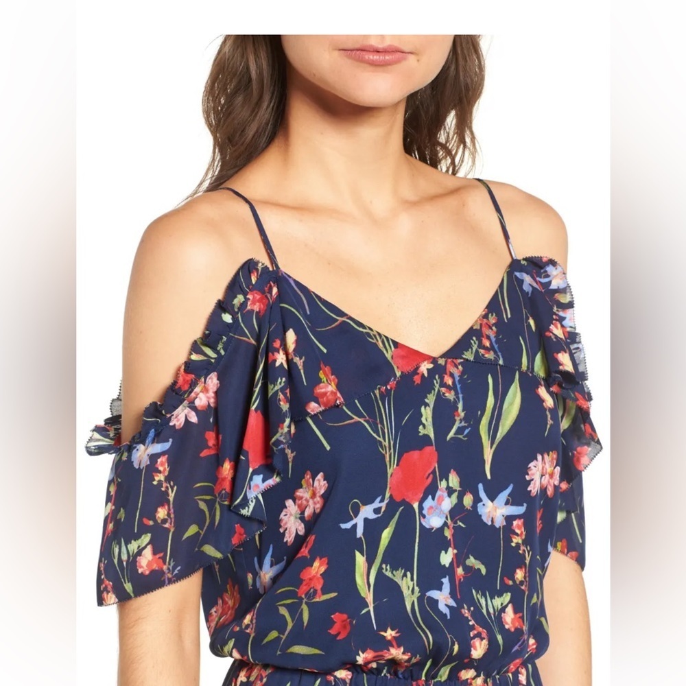 NWT Parker Kam Floral Print Ruffled Silk Cold Shoulder top Size Large